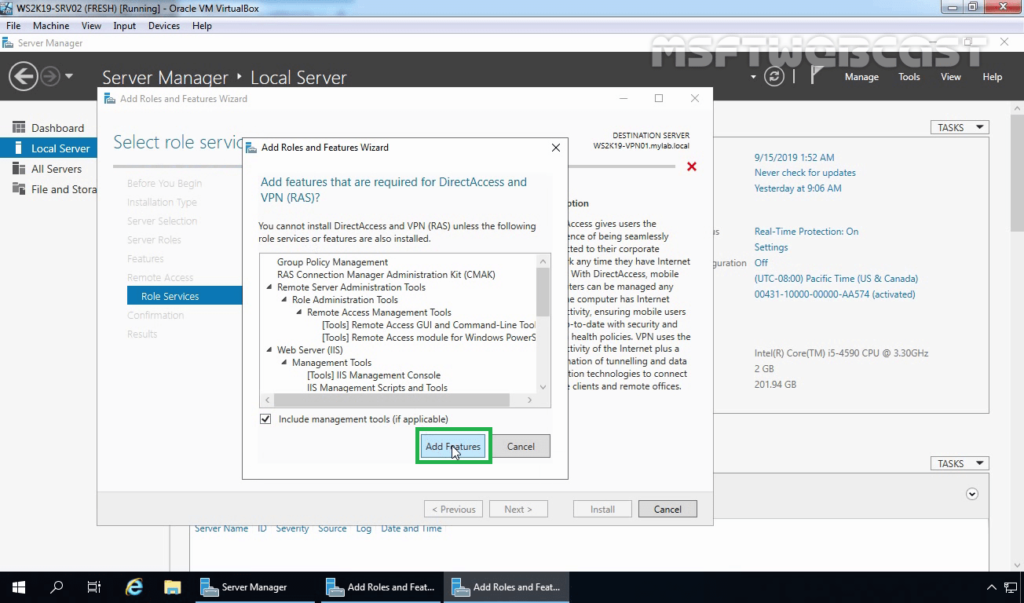 10. Click on Add Features to Add Required Features by RAS