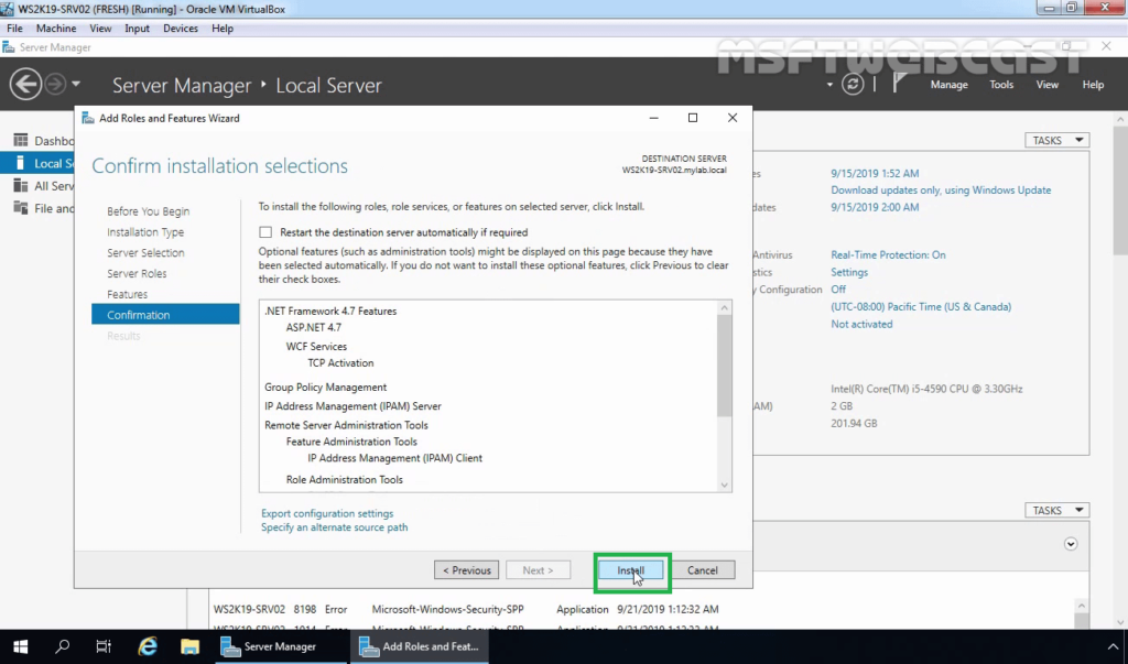 10. Click on Install to Install IPAM Feature on local server