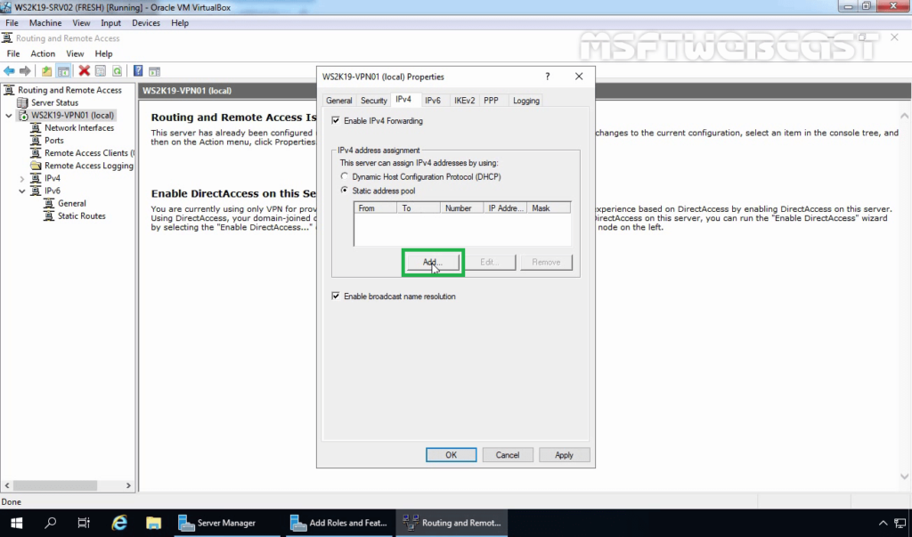 11. Click on Add to Add Static IP Address Pool