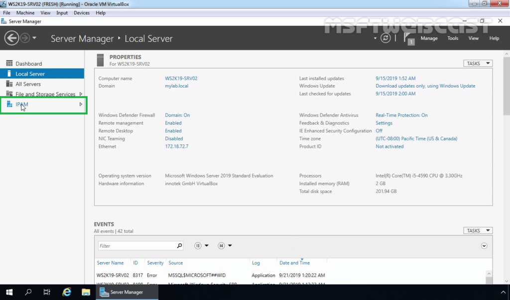 12. Click on IPAM on left pane on Server Manager console