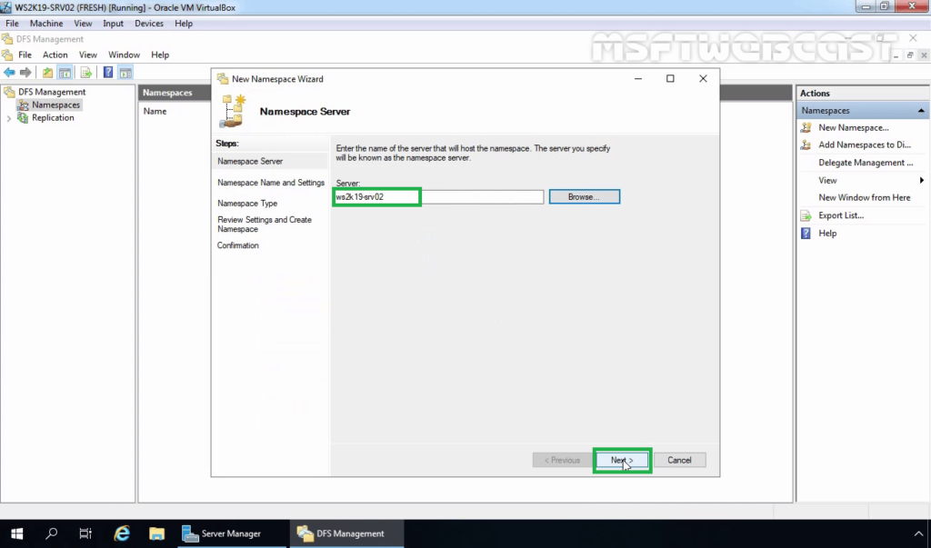 14 Select the server to host DFS Namespace