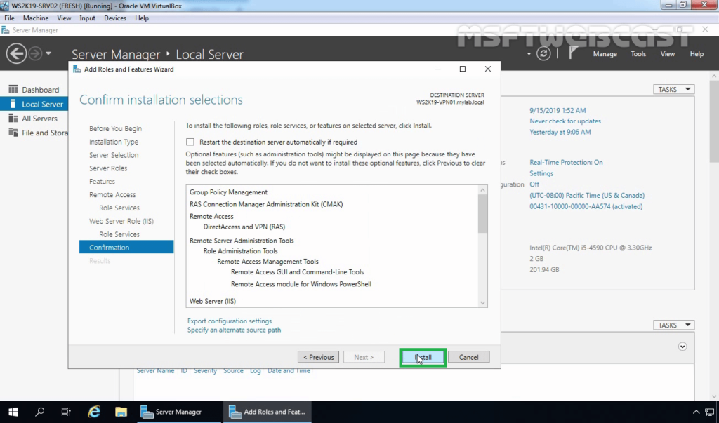 14. Click on Install to Install RAS on Server 2019