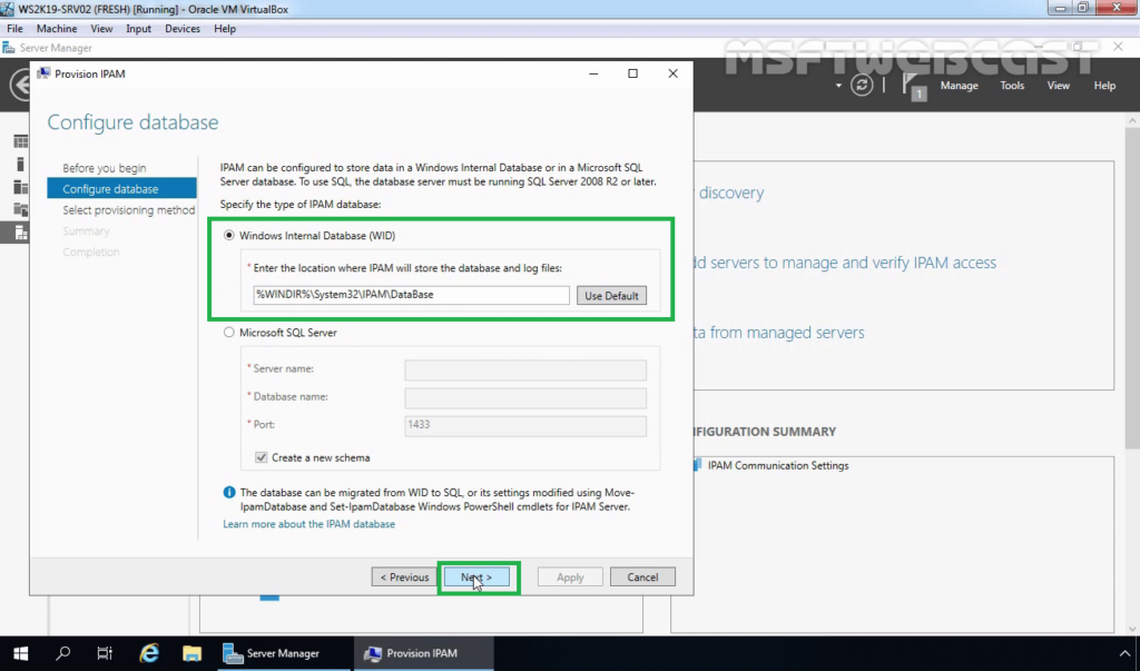 15. Select Database type to store IPAM Data