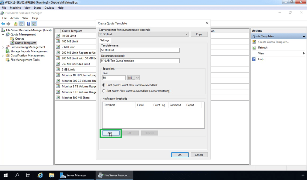16. Click on Add to add threshold limit