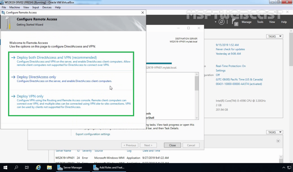16. Click on Getting Started Wizard to configure RAS on Server 2019