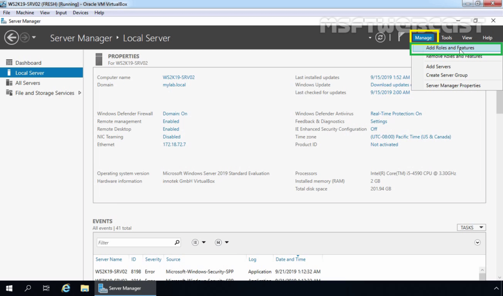 2. Click on Add Roles or Features