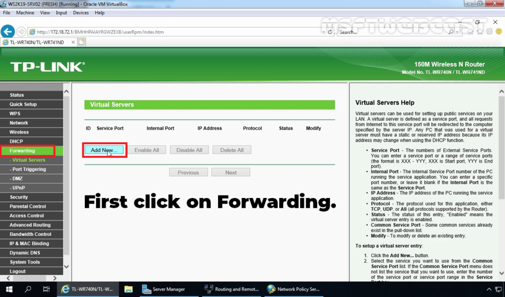 2. Click on Forwarding to Add New Rule