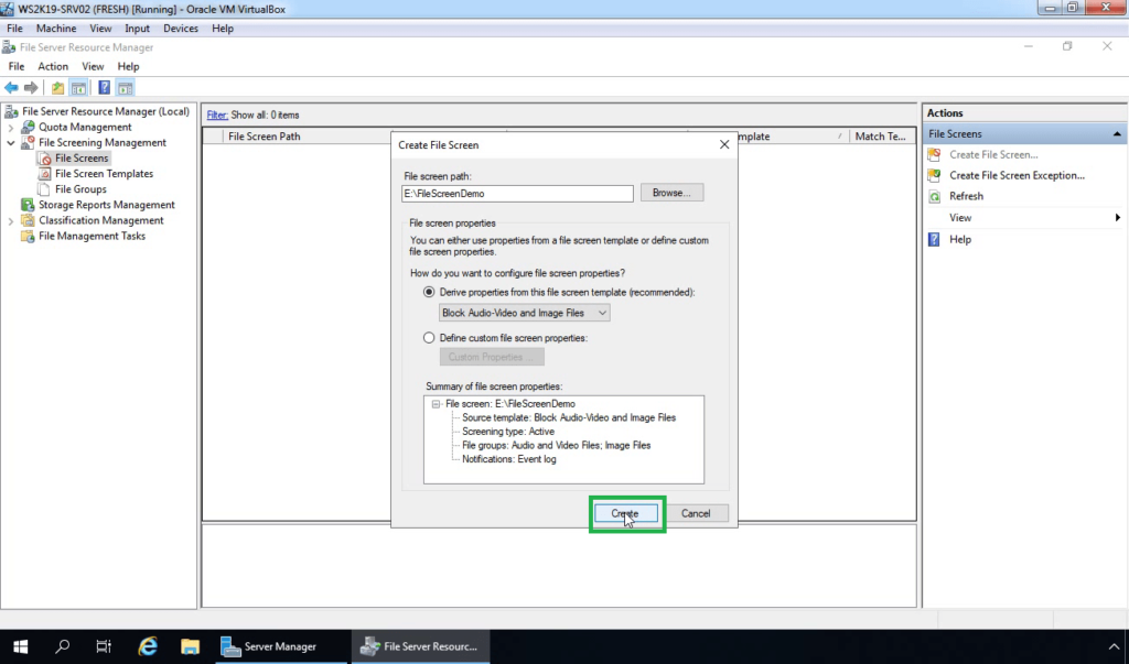 22. Click on Create to create new file screening