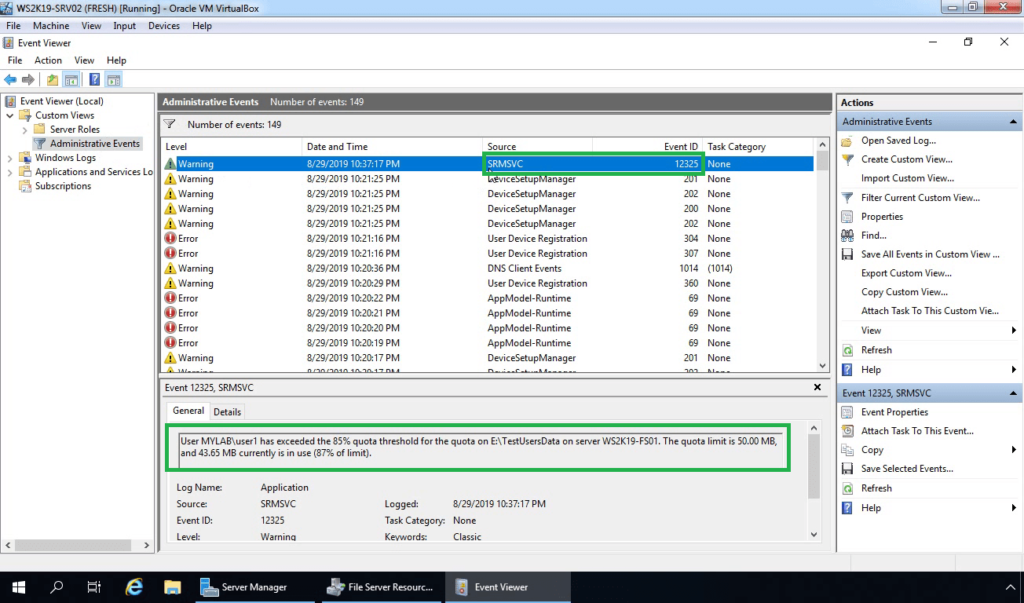 27. Check for Event Log for fsrm disk quota