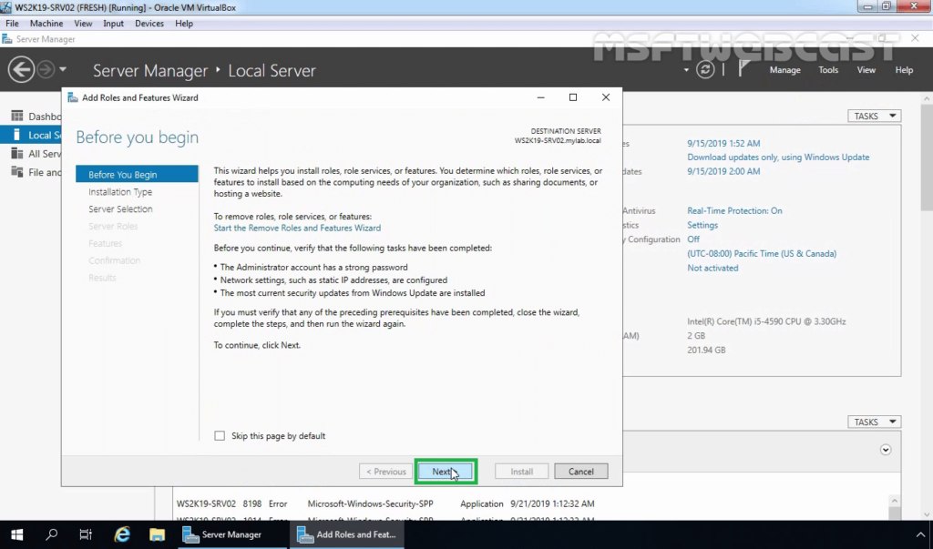 3. Click Next On before you begin screen