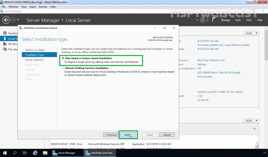 4. Choose Role-based or Features based installation