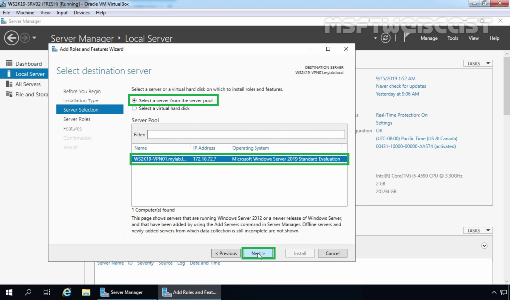 5. Select Server to Install Remote Access Service