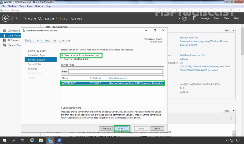 5. Select the Server to Install the AD DS role