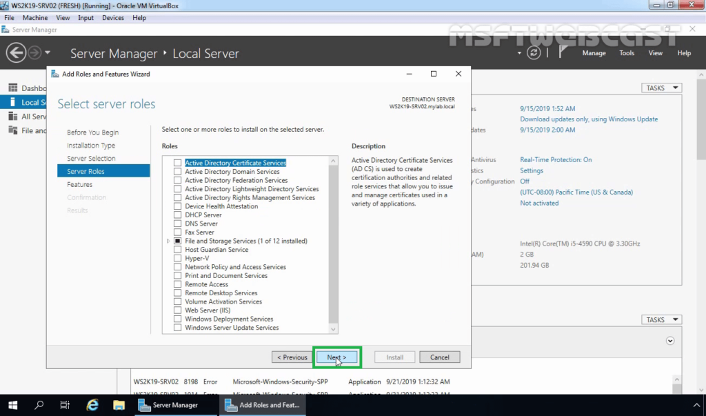 6. Click Next on Select Server role page