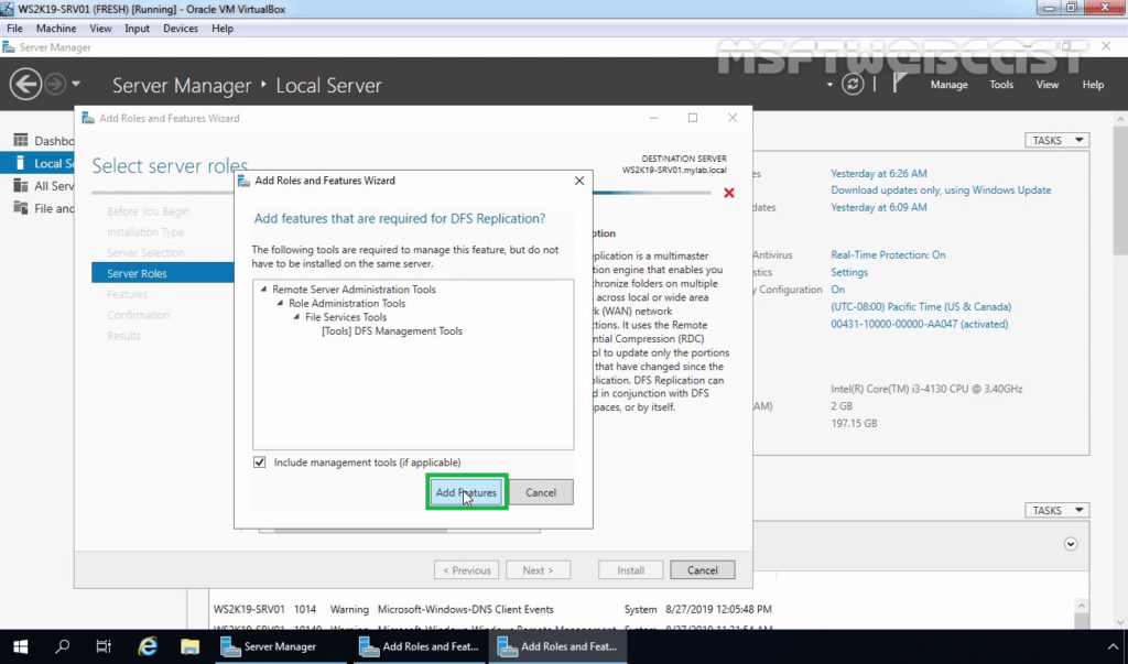 7 Click on Add features required by DFS replication