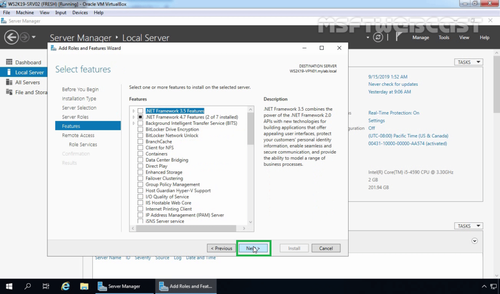 7. Click Next on Select Features