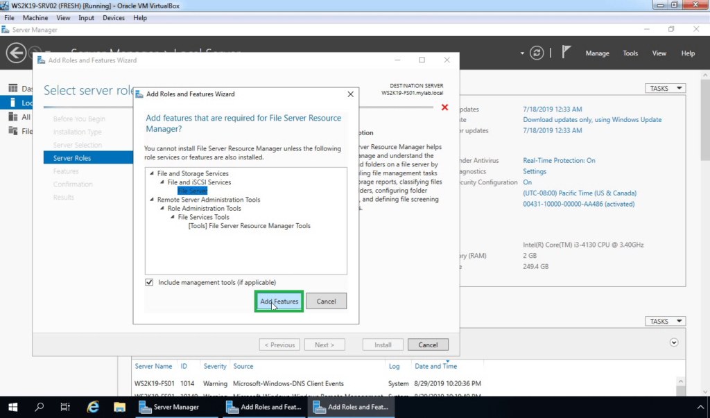 7. Click on Add features required by fsrm