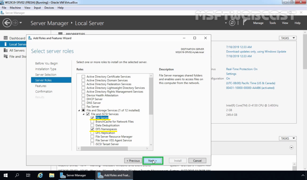 8 Make sure DFS Namespace and File Server are selected