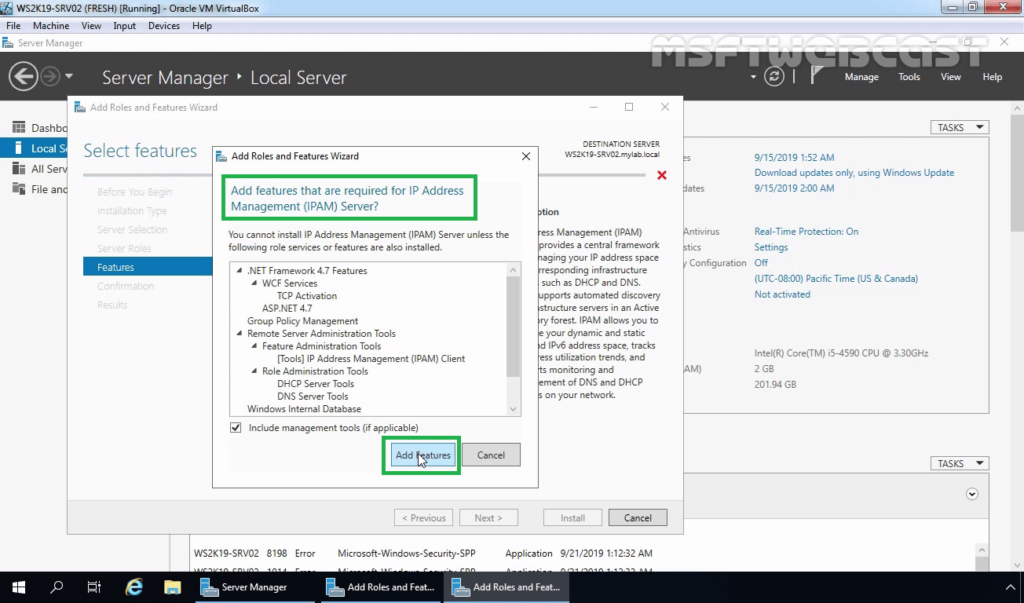 8. Click on Add Features to Add Required Features by IPAM
