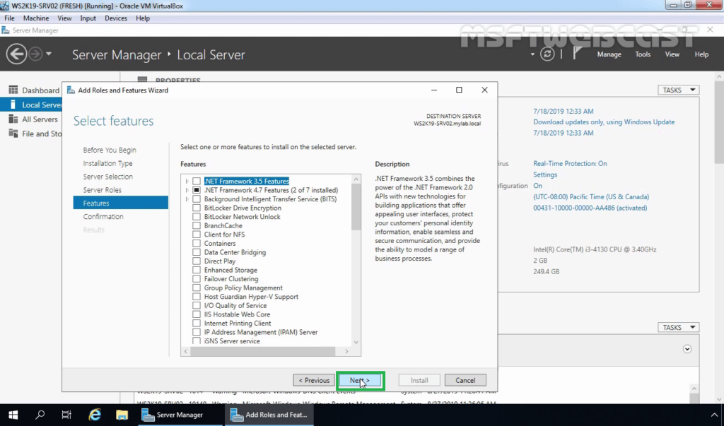 9 Click Next on Select Features console