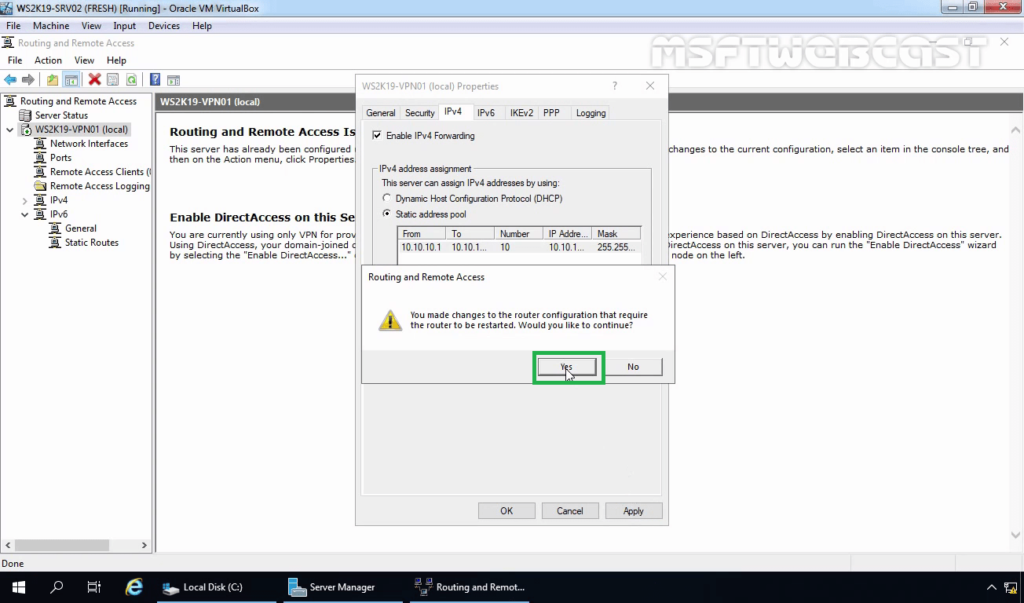 13. Click Yes to Restart RRAS Services