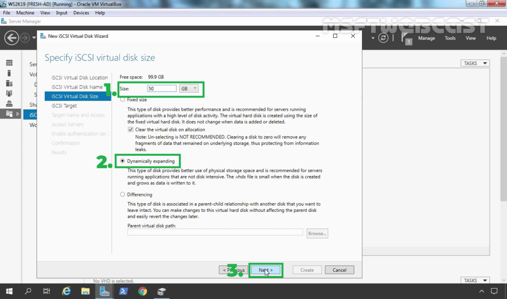 14. Specify Size and Type of Virtual Disk