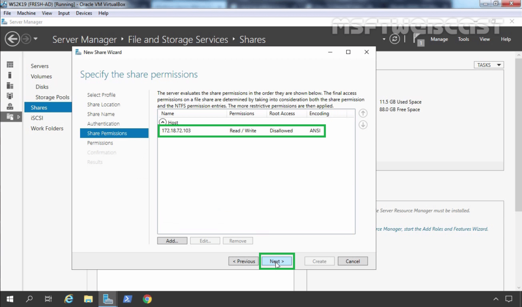 19. Click Next after specifying NFS permission