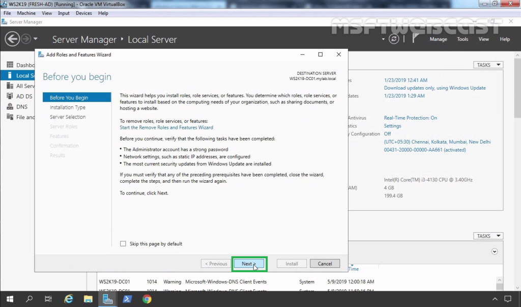2. Click Next on before you begin screen