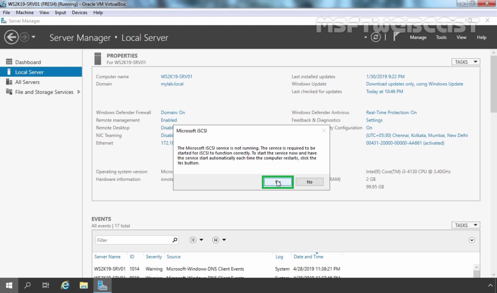 2. Click on Yes to Start iSCSI Service