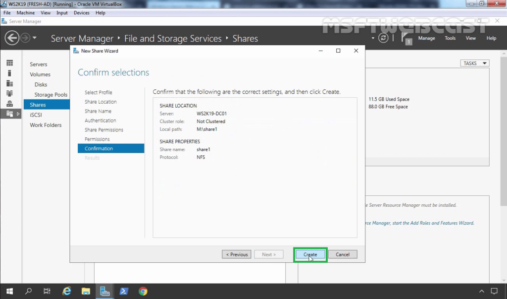 21. Click on Create to create a new NFS share folder