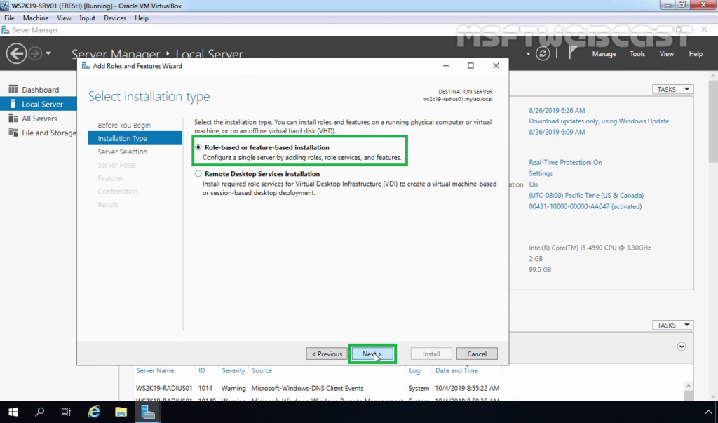 3. choose role-based or feature-based installation