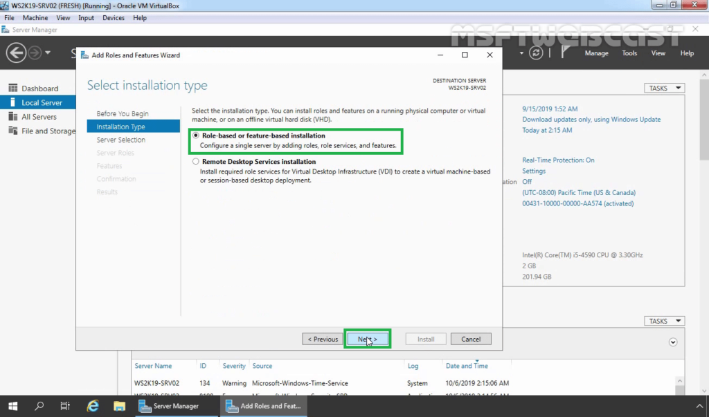 3. select role-based and feature-based installation