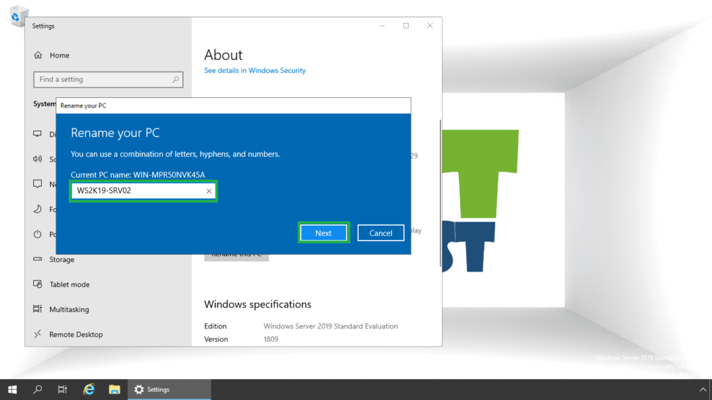 3. specify the new name of server 2019