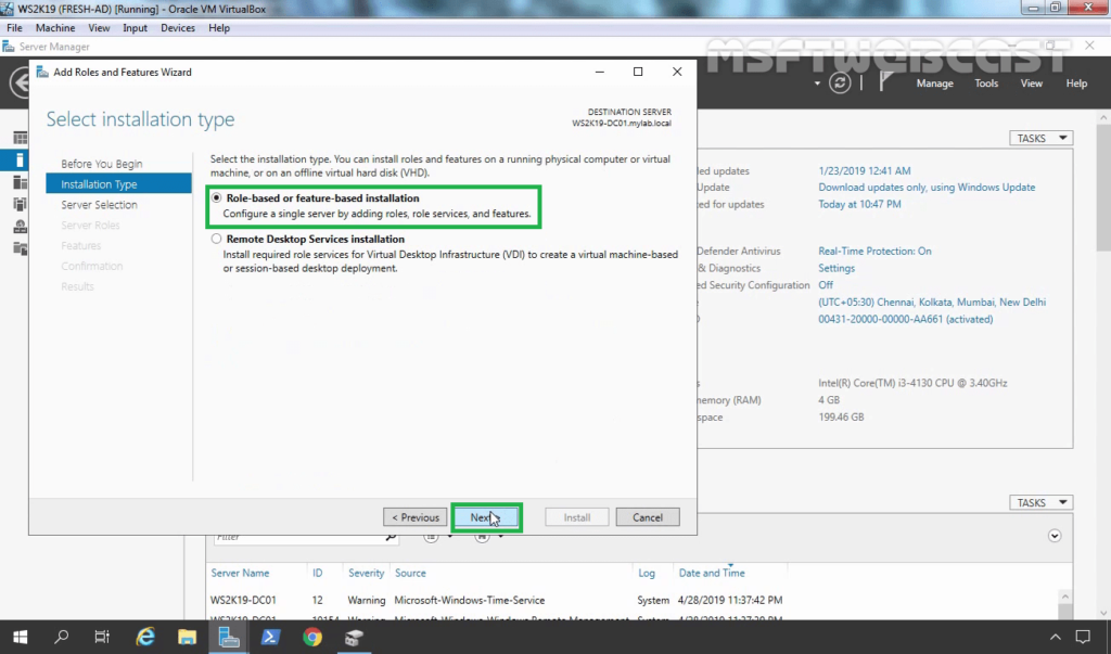 4. Choose Role-based or feature-based installation