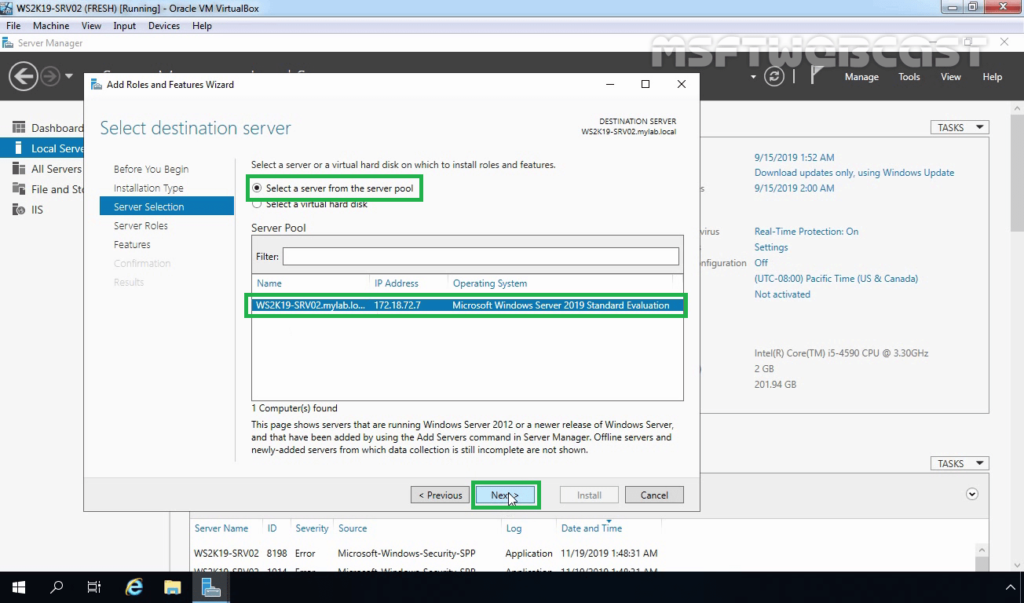 4. Select server from server pool to install NLB