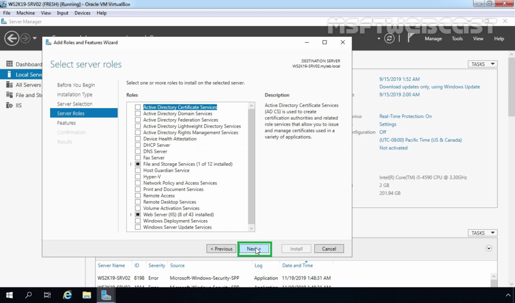 5. Click Next on Select Server Roles page