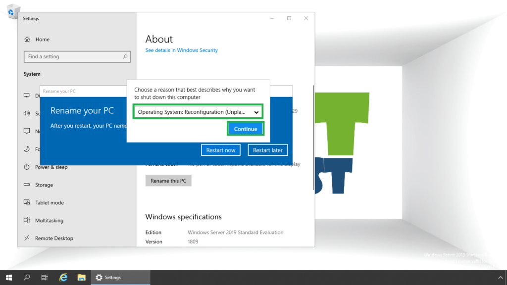 5. select the reason to restart the server 2019