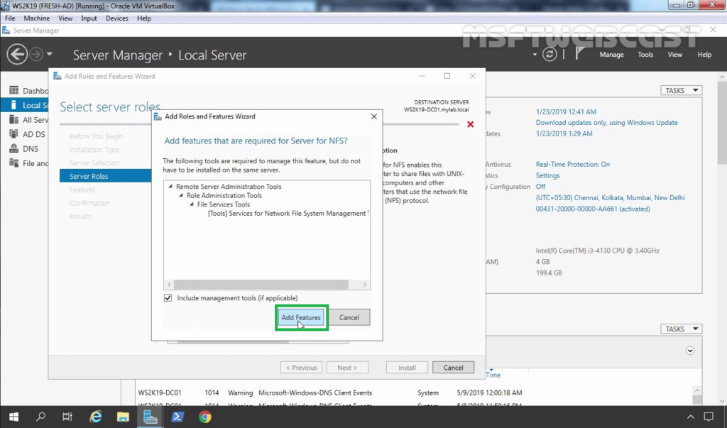 6. Click on Add Features to add required feature for NFS server