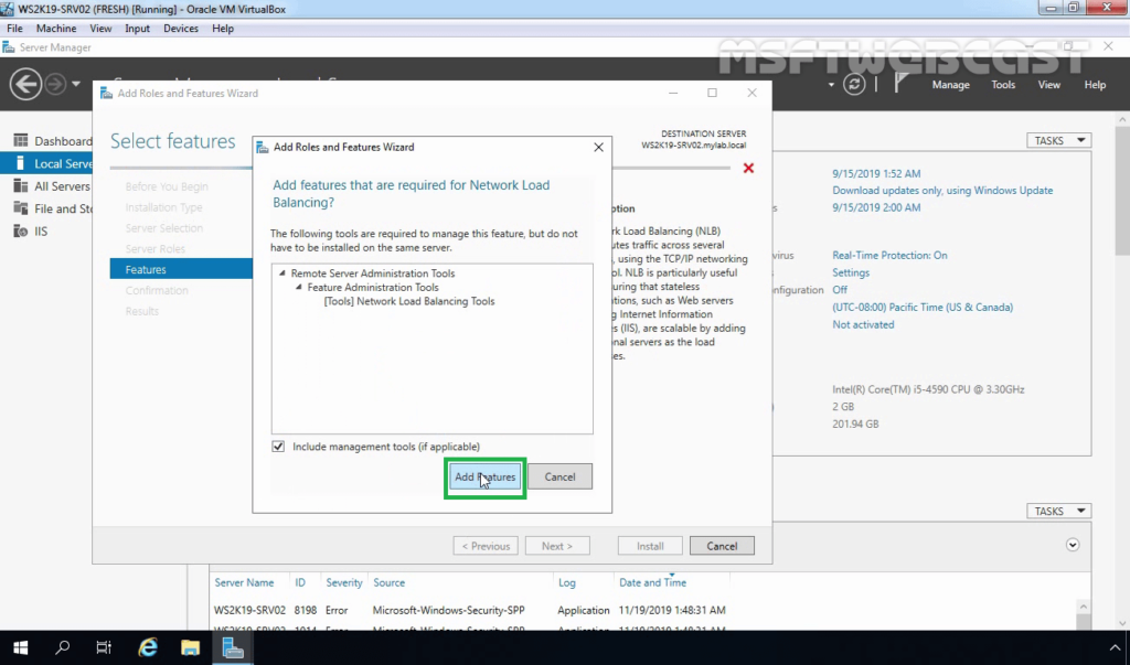 7. Click on Add Features to Add Features required by NLB