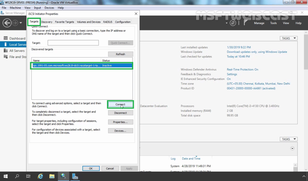 7. Click on Connect iSCSI Target