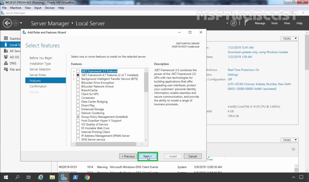8. Click Next on select feature page