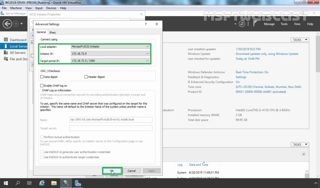 9. Choose Target Portal IP and Initiator IP