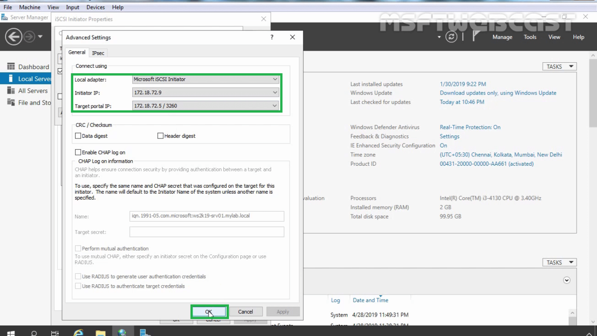 Configure iSCSI initiator in Windows Server 2019
