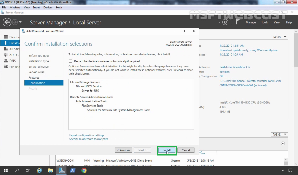 9. Click on Install to start NFS role Installation Process