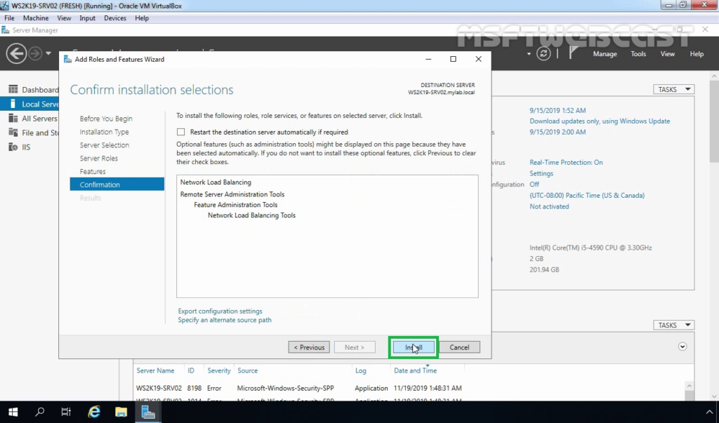 9. Click on Install to start NLB feature Installation