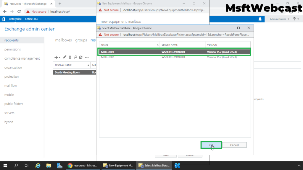 15. select mailbox database and click ok