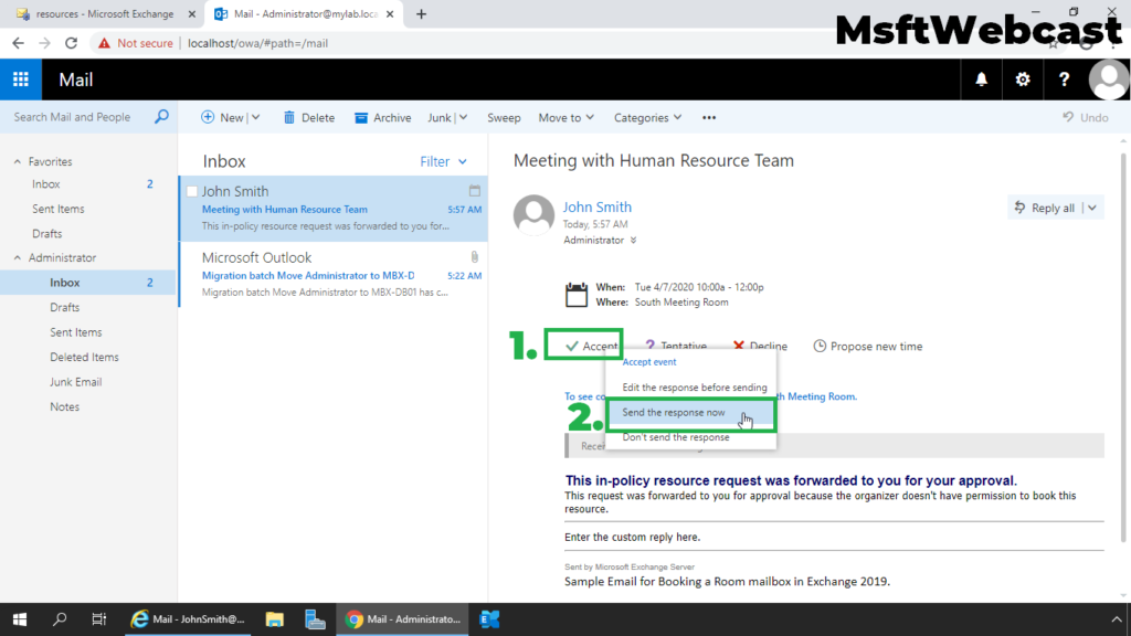 16. accept booking request for room mailbox