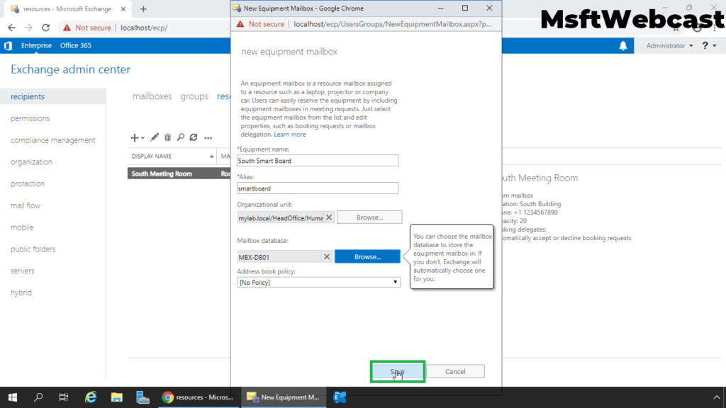 16. click on save to create an equipment mailbox
