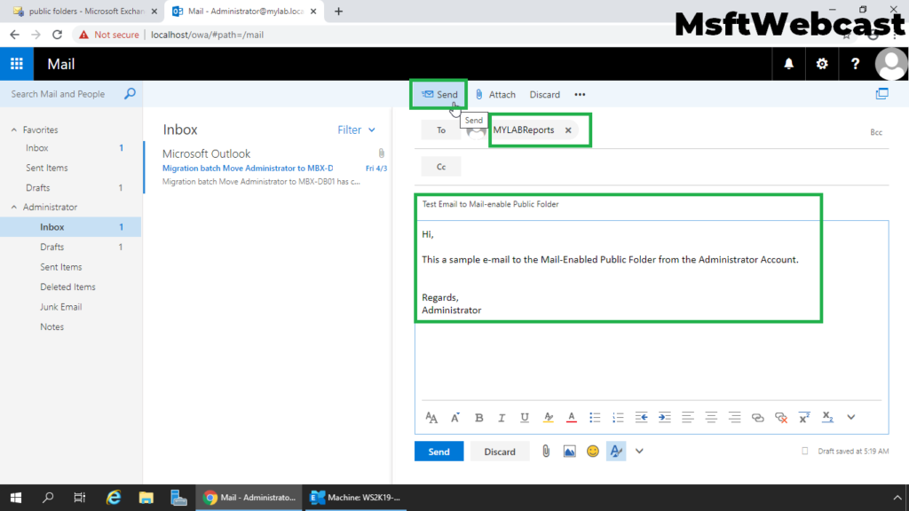 16. send a test mail to mail-enabled public folder