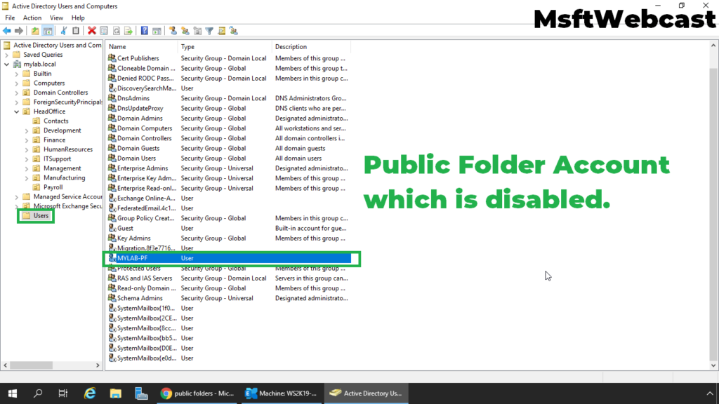 16. verify the public folder mailbox account in Active Directory